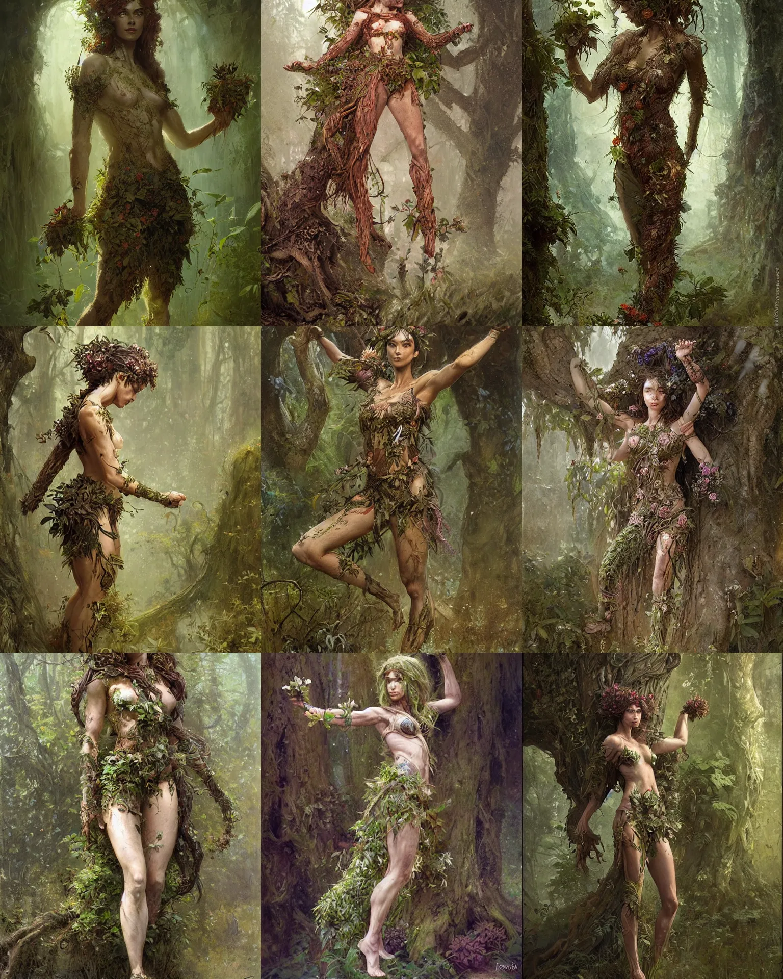 Prompt: martial artist dryad, woman made of plants, bark for skin, fantasy character portrait full body concept art, intricate details, by greg rutkowski, gaston bussiere