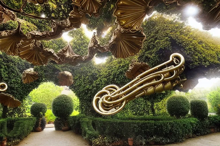 Image similar to a huge flock of many intricate elegant french horn cloud sculptures, art nouveau garden environment, soothing, milky way, award winning art, epic dreamlike fantasy landscape, ultra realistic,