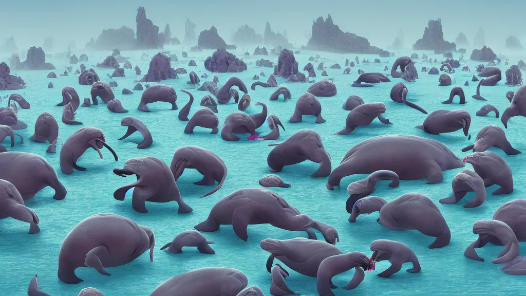 Prompt: an Epic Giant Walrus Battling an army of 1000s of Obama Clones by Beeple, 4K