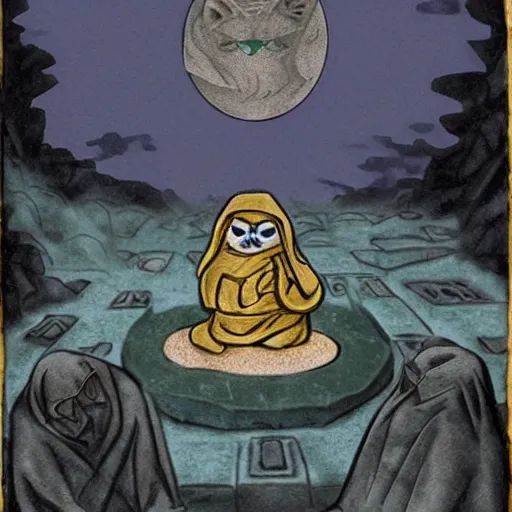 Prompt: figures in cloaks sit in front of a jade sacrificial altar behind which is a huge stone carving of their diety grumpy cat which glistens among the torches and moonlight, a gold cloaked figure preaches from a leatherbound book of memes as the moon begins to eclipse for their dark ritual