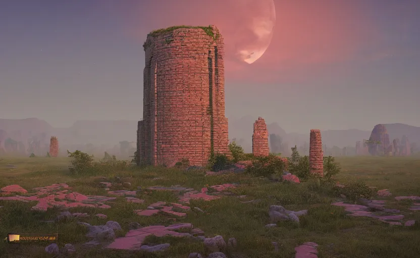 Image similar to A landscape with a giant stone brick tower with pillars on top at sunset, Low level, rendered by Beeple, Makoto Shinkai, syd meade, simon stålenhag, environment concept, synthwave style, digital art, unreal engine, WLOP, trending on artstation, 4K UHD image, octane render,