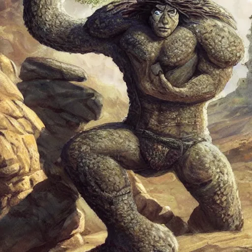 Prompt: dungeons and dragons, rogue rock climbing up the fossilised golem like remains of an ancient giant, very detailed, fantasy art, portrait