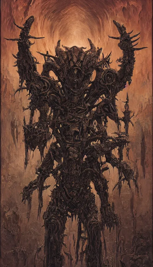 Prompt: Doom themed painting of symmetrical torso demonic hell armor with extended evil armored hands concept, intricate artwork by H.R. Giger, Johnatan Wayshak, Zdizslaw Beksinski, Ayami Kojima, Amano, Karol Bak, Moebius, and Mark Brooks, Neo-Gothic, gothic, rich deep colors, art by Takato Yamamoto, masterpiece, face by Artgerm, very coherent artwork, cinematic, hyper realism, high detail, octane render, unreal engine, 8k, High contrast, golden ratio, trending on cgsociety