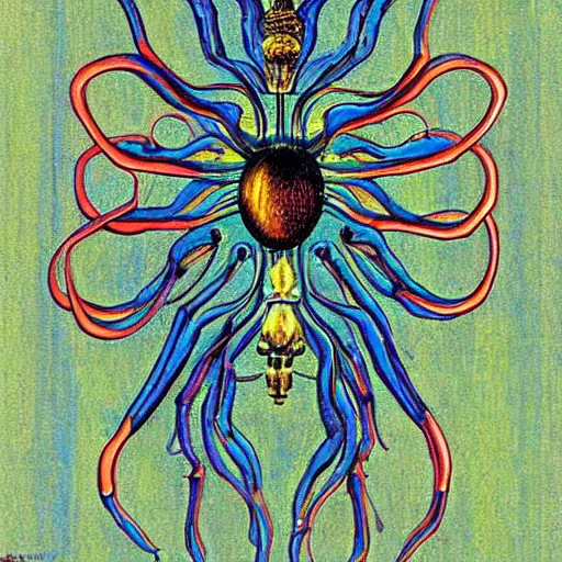 Prompt: a glass spider, colored woodcut, poster art, by Mackintosh, art noveau, by Ernst Haeckel, bright pastel colors