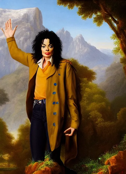 Image similar to individual portrait of michael jackson standing against a thomas cole naturalist style backdrop of mount olympus, michael jackson