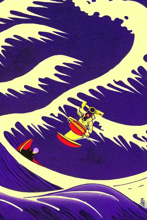 Image similar to a award winning photograph of an astronaut surfing the great wave off kanagawa on a purple surboard