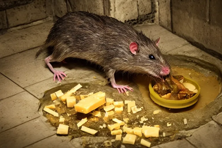 Image similar to a giant mutant disgusting rat eating cheese in a sewer, photograph, terror, horror, mutant, scary,