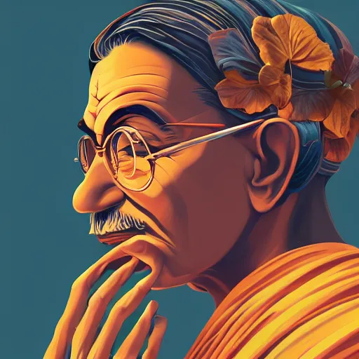 Prompt: side profile centered painted portrait, Gandhi rolling a blunt, Gloomhaven, matte painting concept art, art nouveau, beautifully backlit, swirly vibrant color lines, fantastically gaudy, aesthetic octane render, 8K HD Resolution