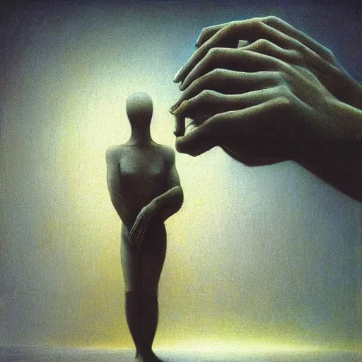 Prompt: A relationship between an AI and a human, Zdzislaw Beksinski