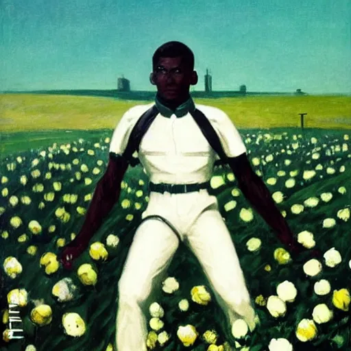 Image similar to black futuristic soldier on a land of white flowers by Edward Hopper