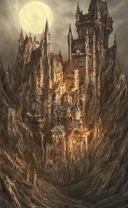 Image similar to Castle, gothic , by Ayami Kojima, studio ghibli, cinematic lighting, intricate, highly detailed, digital painting, trending on artstation, Illustration, epic scale