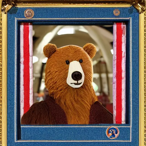 Prompt: a photo in a circular ornate golden frame, of a brown and red college mascot bear wearing blue jeans sitting on the bleachers inside the gym,