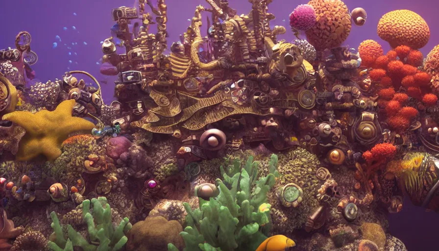 Prompt: steampunk coral reef, octane render, high detail, trending on artstation, high quality wallpaper