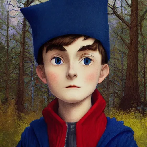 Prompt: super close up portrait of wirt from over the garden wall. a 1 6 years old gloomy awkward boy with big brown eyes and shaggy brown hair wearing a red dunce hat and a blue navy cape, standing in the forest, norman rockwell, bouguereau