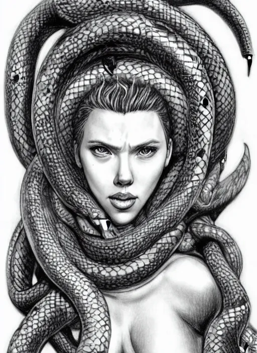 Image similar to pencil drawing of scarlett johansson as medusa wearing snakes in her head in the berserk manga, smiling expression showing fangs, big snakes heads, by kentaro miura