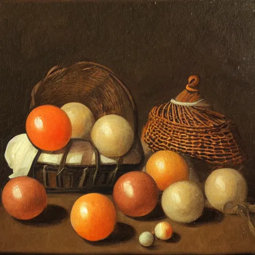 Prompt: a basket of orbs of various sizes, dutch still life painting