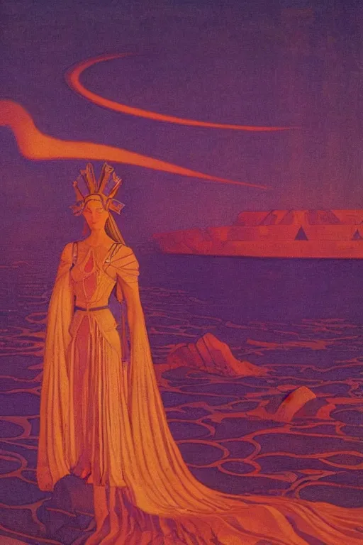 Image similar to queen of the sunset sea, by Nicholas Roerich and jean delville and Maxfield Parrish, dramatic cinematic lighting , ornate headdress , lost civilizations, extremely detailed