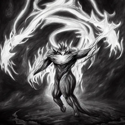 Prompt: full body grayscale drawing by Anato Finnstark of wingless balrog in heroic pose, swirling flames