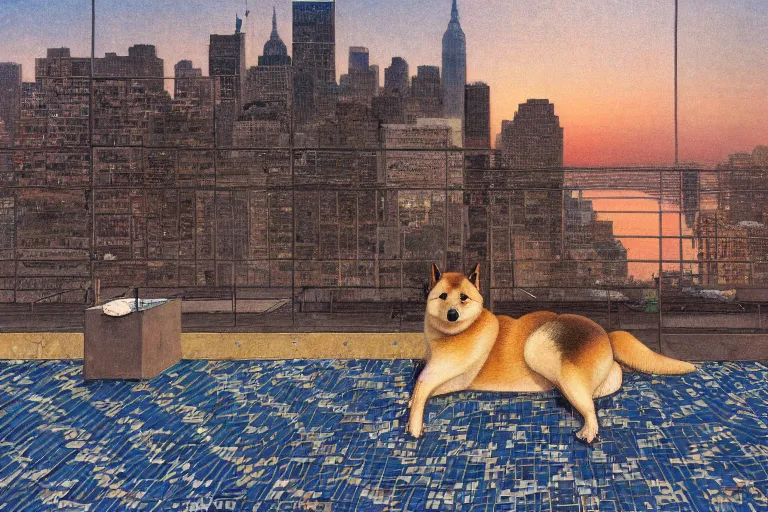 Image similar to painting of a shiba inu in a rooftop, watching new york, beautiful, sunset, romantic, by ludwig deutsch and maxfield parrish, patterned tilework, extremely detailed, cinematic lighting, smooth sharp focus