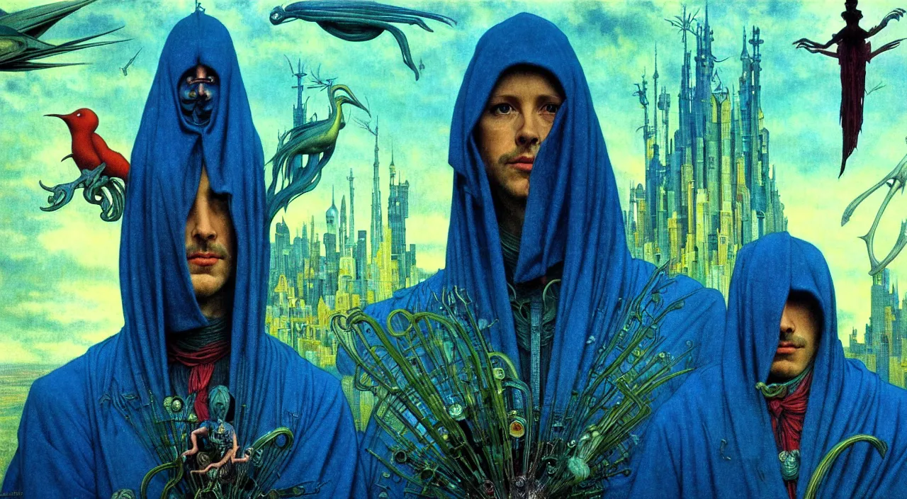 Image similar to realistic detailed portrait movie shot of a birdman wearing dark robes, sci fi city landscape background by denis villeneuve, amano, yves tanguy, alphonse mucha, ernst haeckel, max ernst, roger dean, masterpiece, rich moody colours, blue eyes, occult