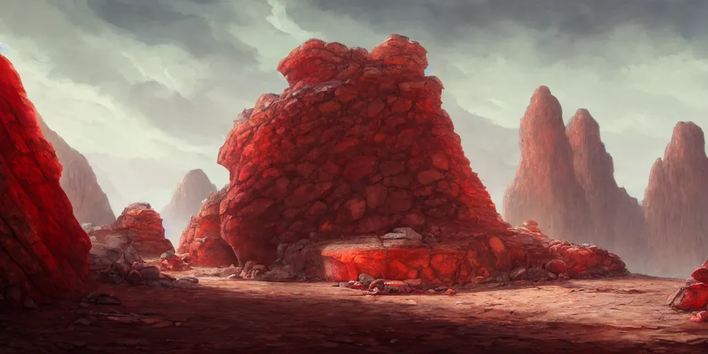 Prompt: a naturally reddened outcropping of stone juts out of the salted crag, matte oil painting, colored merchant tents, retrofuturistic science fantasy, rpg, epic, extremely detailed, sharp focus, 4 k