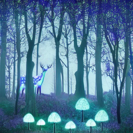 Prompt: ethereal white deer stands in the center of a dark blue tree grove, surrounded by purple neon glowing flowers and glowing mushrooms. the moonlight peeking through the trees.