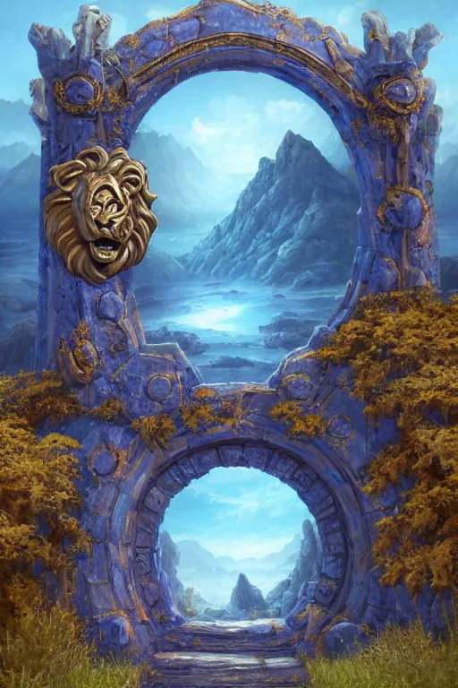 Image similar to A giant medieval fantasy blue energy portal gate with a rusty gold carved lion face at the center of it, the portal takes you to another world, full of colorful flowers on the lost Vibes and mountains in the background, spring, delicate fog, sea breeze rises in the air, by andreas rocha and john howe, and Martin Johnson Heade, featured on artstation, featured on behance, golden ratio, ultrawide angle, f32, well composed, rule of thirds, center spotlight, low angle view