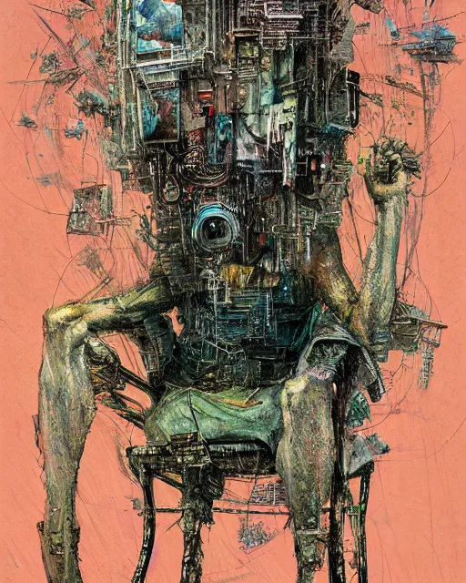 Image similar to a painting of a man sitting on top of a chair, cyberpunk art by john backderf and by ian miller and by peter de seve, cgsociety, neo - primitivism, dystopian art, biomorphic, parallax