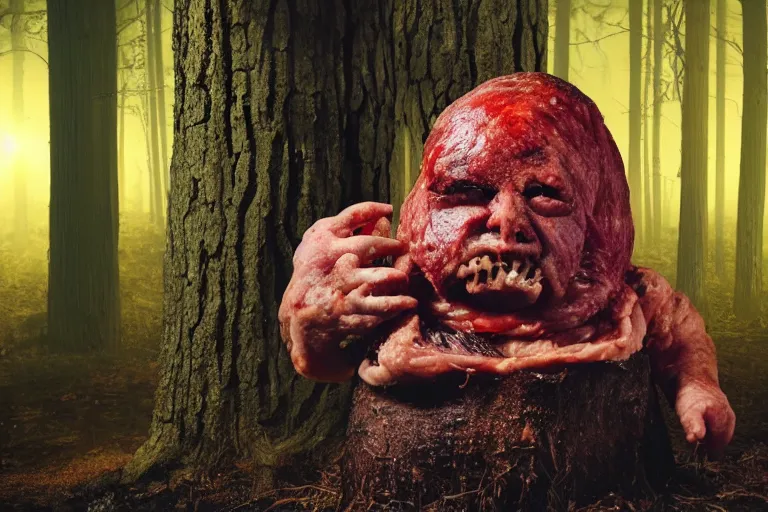 Image similar to big fat butcher with a scary face chops a piece of meat on the stump in a dark forest, night scene, old photo, scary, creepy, terrible atmosphere