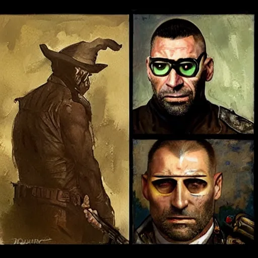 Prompt: dave bautista as sapper morton from blade runner is very proud of his tiny spectacles and boasts about them to a witch, painted by norman rockwell and tom lovell and frank schoonover