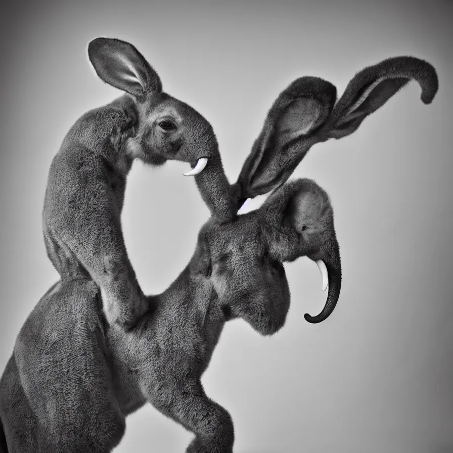 Prompt: rare classified photo, black & white, studio lighting, a tall skinny elephant rabbit with ears like flower, laughing, real fur and real skin