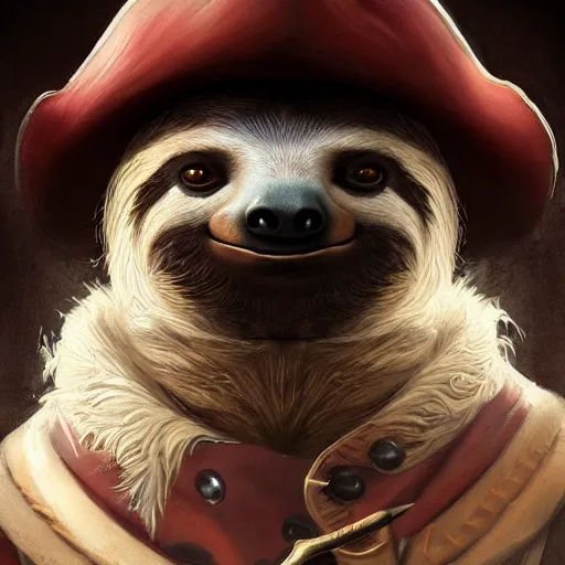 Prompt: Portrait of a Sloth dressed as a Pirate, digital painting, highly detailed, artstation, concept art, smooth, sharp focus, illustration, art by artgerm and greg rutkowski.