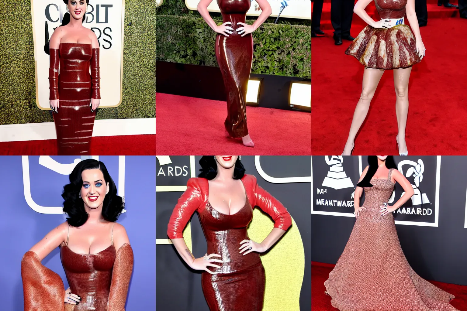 Prompt: katy perry wearing a meat dress, realistic, red carpet photo, detaild, 4 k, twitter