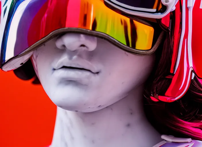 Image similar to medium close up portrait of extremely beautiful photo of a white marble statue of an anime girl with colorful motocross logos and motorcycle helmet with closed visor, colorful smoke in the background, carved marble statue, fine art, neon genesis evangelion, virgil abloh, offwhite, denoise, highly detailed, 8 k, hyperreal