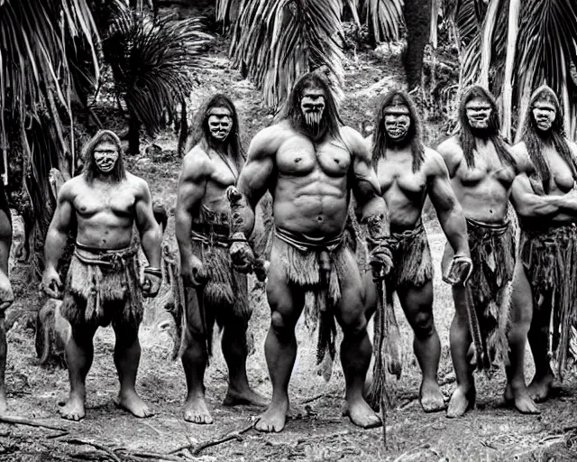 Image similar to hyper realistic group vintage photograph of a live action warcraft orc warrior tribe in the jungle, tall, hulk like physique, detailed faces, tribal paint, tribal armor, grain, old, monochrome, sepia toned, realistic lighting, wide angle