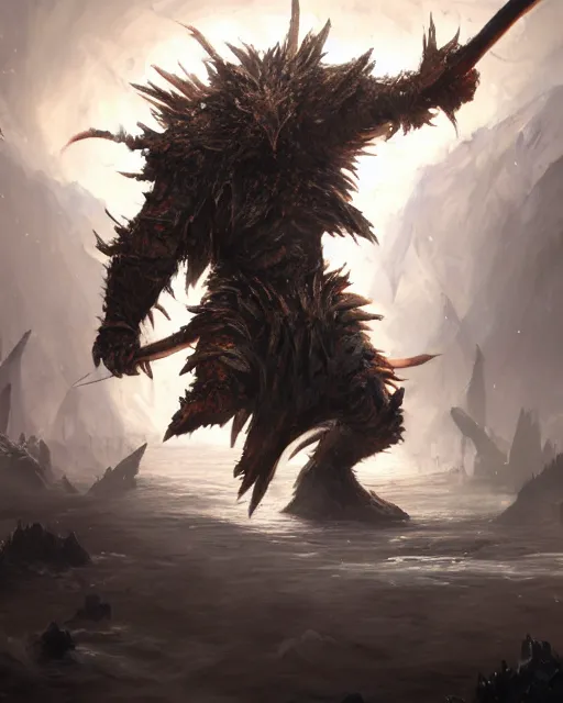 Image similar to oil painting of Angry Anthropomorphized Fish Berserker, wearing fur armor, claws, sharp focus, attack pose, fantasy style, octane render, volumetric lighting, 8k high definition, by greg rutkowski, highly detailed, trending on art Station, magic the gathering artwork, burning Battlefield background, centered