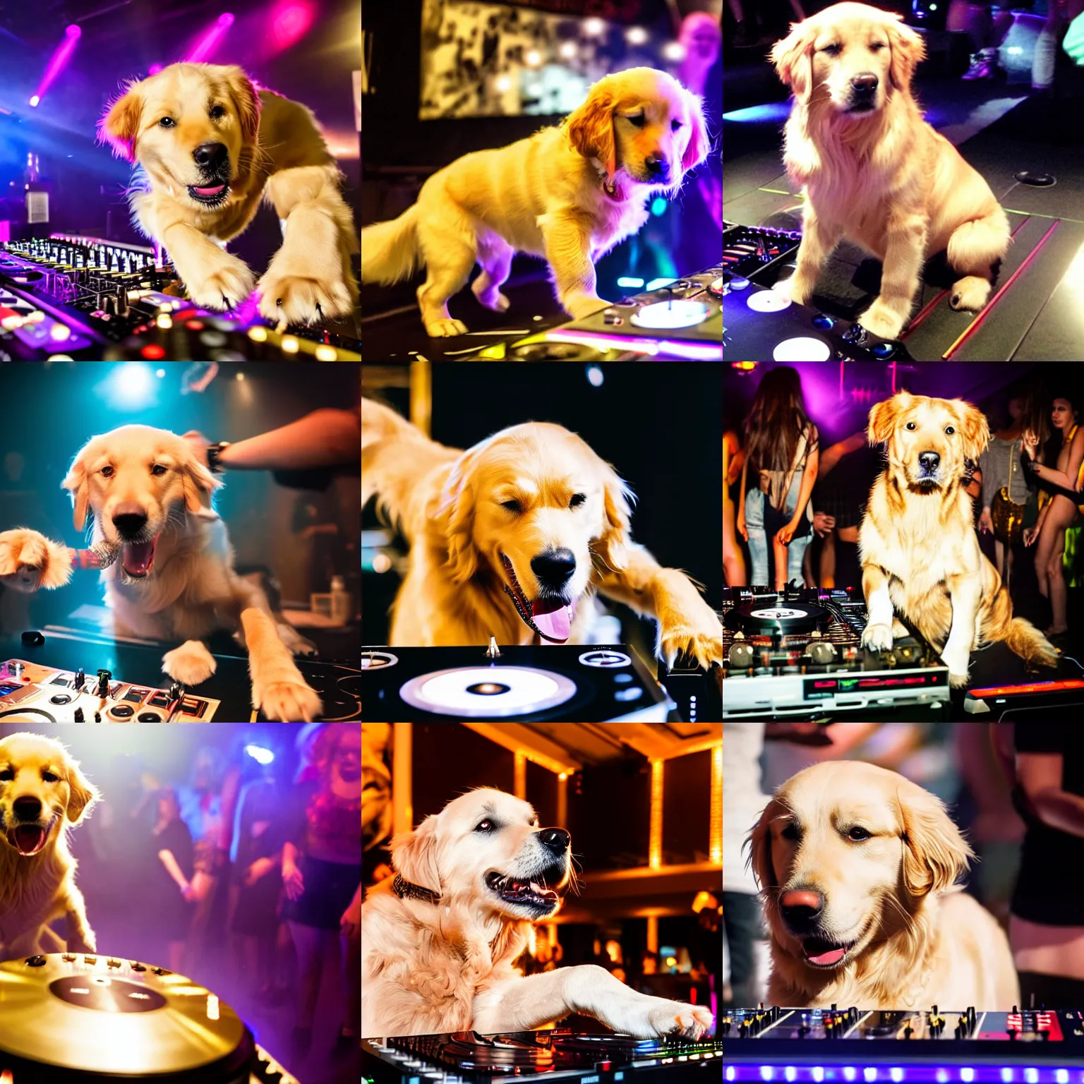 Prompt: a photograph of a DJ golden retriever dog, playing at a nightclub