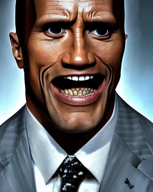 Image similar to film still close - up shot of dwayne johnson as jim carrey from the movie the mask. photographic, photography