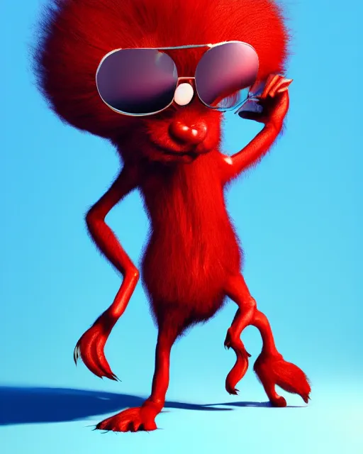 Prompt: 3 d render of completely red hairy friendly antropomorphic cartoony creature wearing chrome shades, full body, simple, cute, white background, unreal engine 5 hdr
