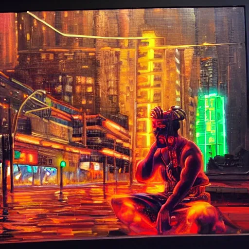 Image similar to an extremely detailed oil painting of a cyborg samurai, sitting infront of a neon river. 4 k. colorful.