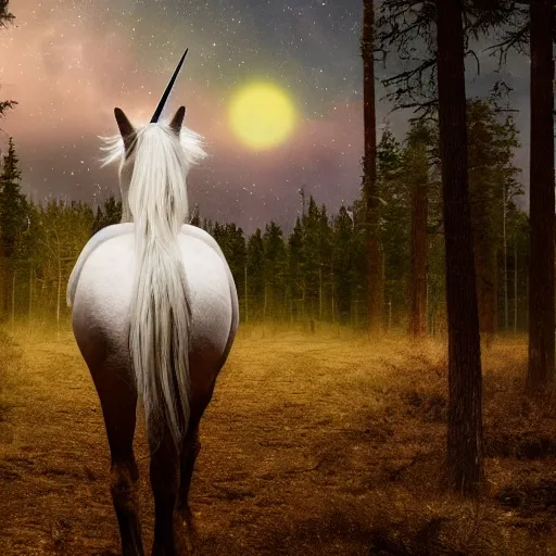 Image similar to close photo of morgan freeman riding an unicorn, in the middle of a forest, in the moonlight, night realism, 4 k, octane render, award winning photograph