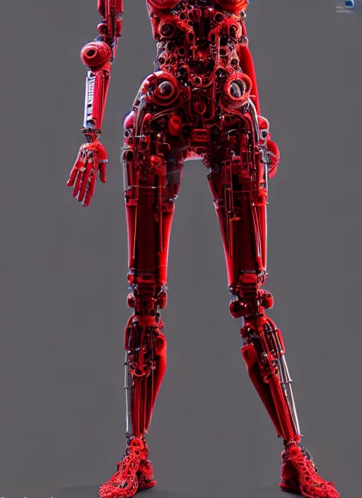 Prompt: a statue made of red marble, of an beautiful girl, full body shot, perfect symmetrical body, red biomechanical, inflateble shapes, wearing epic bionic cyborg implants, masterpiece, intricate, biopunk futuristic wardrobe, vogue, highly detailed, artstation, concept art, background galaxy, cyberpunk, octane render