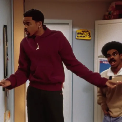 Image similar to a tv still of Chance The Rapper starring as a college student in a 1989 black sitcom, 40mm lens