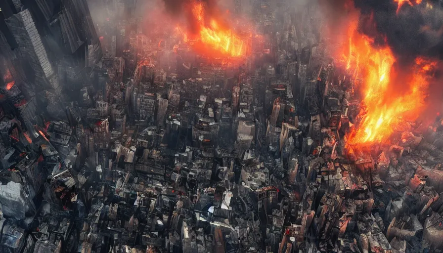 Image similar to movie poster of new york city destroyed bu tornado, fire, debris, destruction, hyperdetailed, artstation, cgsociety, 8 k