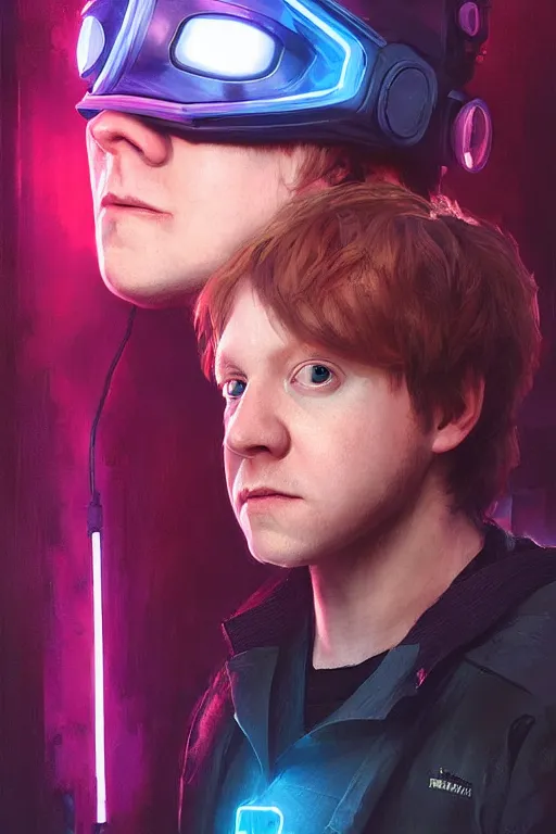 Image similar to portrait of Rupert Grint as Ron Wisly with visor in cyberpunk, neon lighting, night city, digital art from artstation by Ruan Jia and Mandy Jurgens and Artgerm and william-adolphe bouguereau and Greg Rutkowski