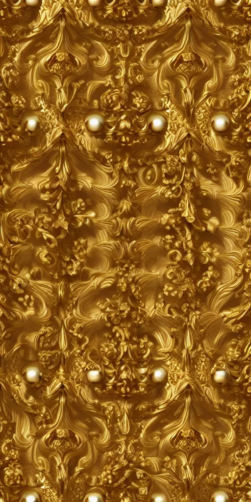 Image similar to seamless 3D baroque gold pattern, Beautiful dynamic shadows , gold and pearls, symmetrical, rococo elements, damask, Artstation, versace pattern, supersharp, no blur, sharp focus, insanely detailed and intricate, Octane render,8K