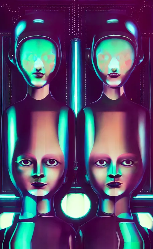 Image similar to portrait of two girl with robot head and with very tight black latex dress by Petros Afshar and Beeple, James Gilleard, Mark Ryden, Wolfgang Lettl highly detailed