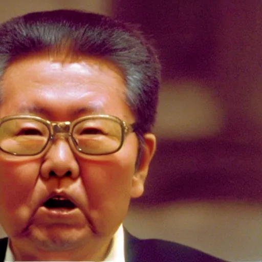 Prompt: A filmstill of Kim Jong-il looking upwards towards a movie screen projecting monster movies, cinemascope