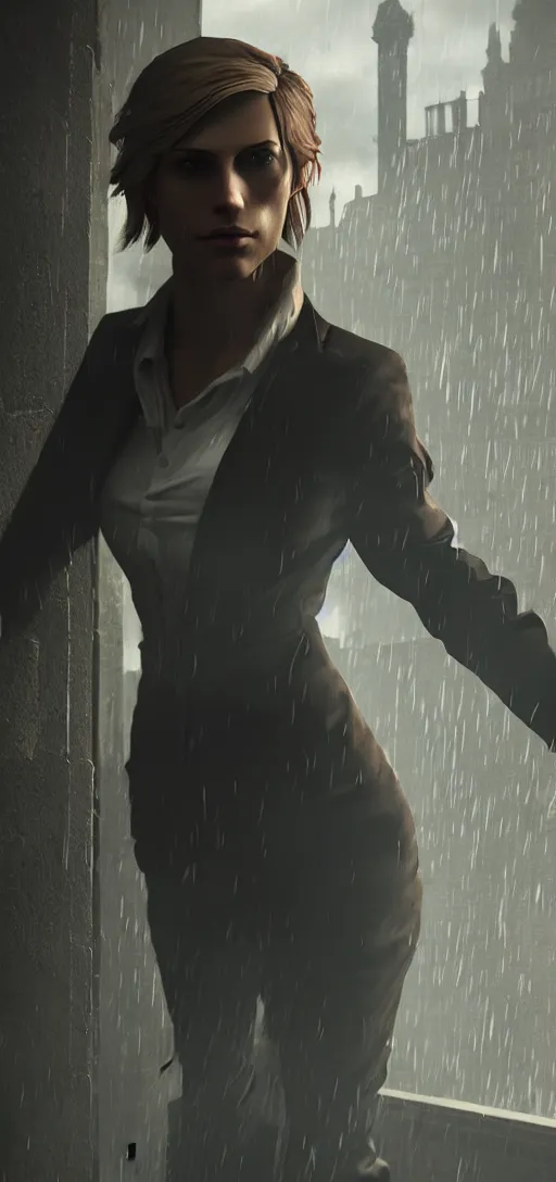 Image similar to remote detailed shot of beautiful annie leonhart in dunwall city, mid air shot, redshift render, beautiful face, detailed face, cinematic lighting, rainy weather, melancholy atmosphere, volumetric light, octane render, dishonored 1, gothic architecture, realistic reflections, octane render 8 k