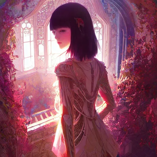 Image similar to beautiful young girl in intricate clothing by ross tran, walking in a castle painted by sana takeda, reflections, very high intricate details, painting, digital anime art, medium shot, mid - shot, composition by ilya kuvshinov, lighting by greg rutkowski